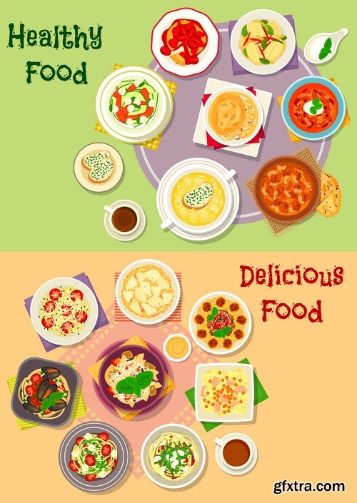 Collection of various food dishes banner flyer meal menu card cover 25 EPS