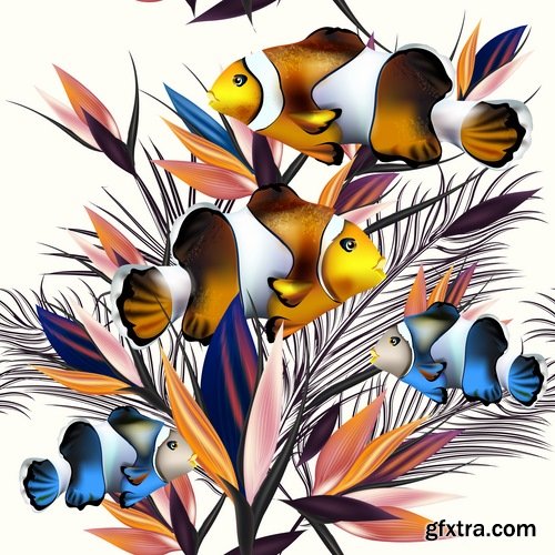 Collection of bekgraund flora flowers parrot fish greeting card gift card the cover 25 EPS