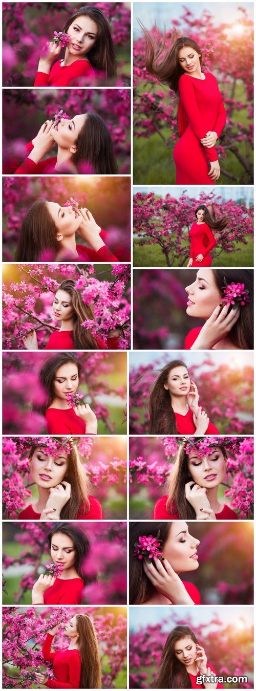 Happy beautiful young woman in blossom park with trees and flowers 15X JPEG