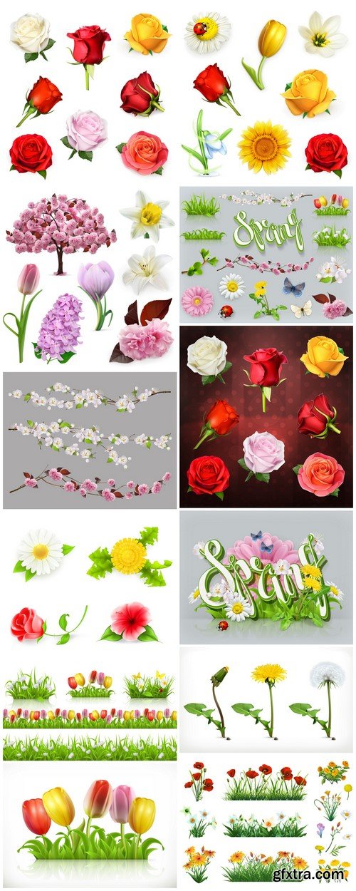 Flowers and grass set of vector elements Nature and ecology 12X EPS