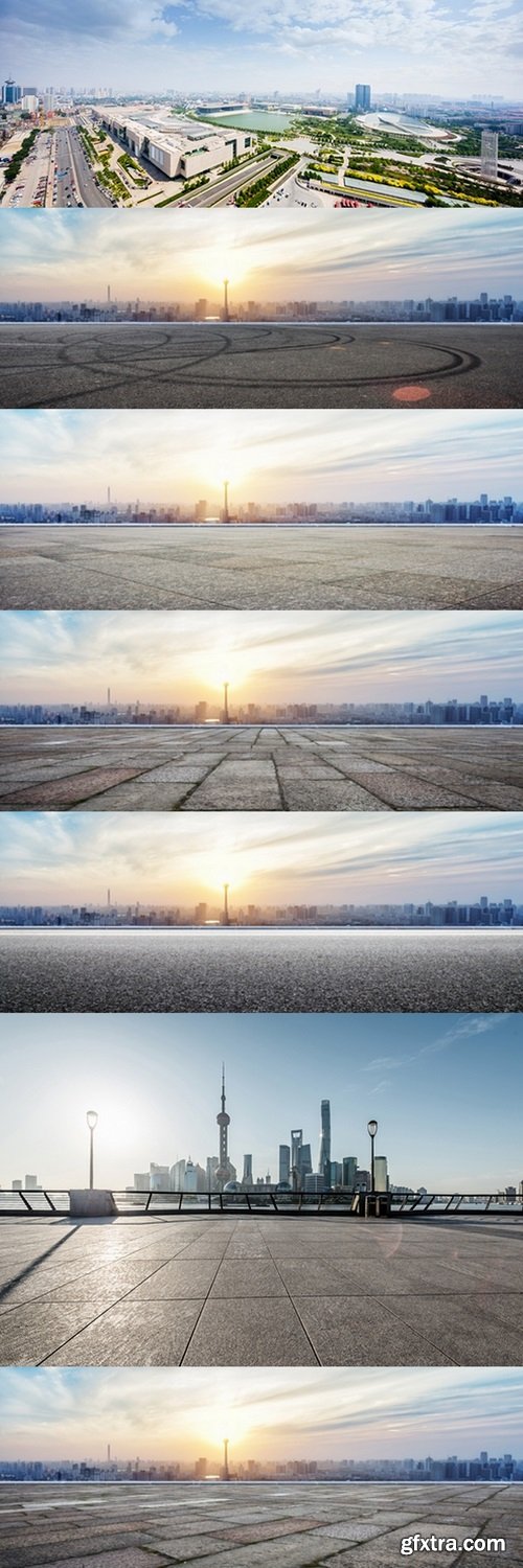 Panoramic skyline and buildings with empty wooden board