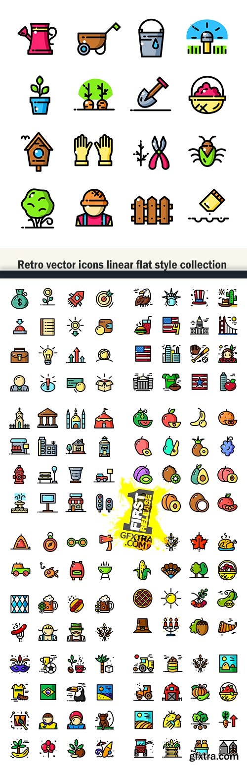 Retro vector icons linear flat style collection