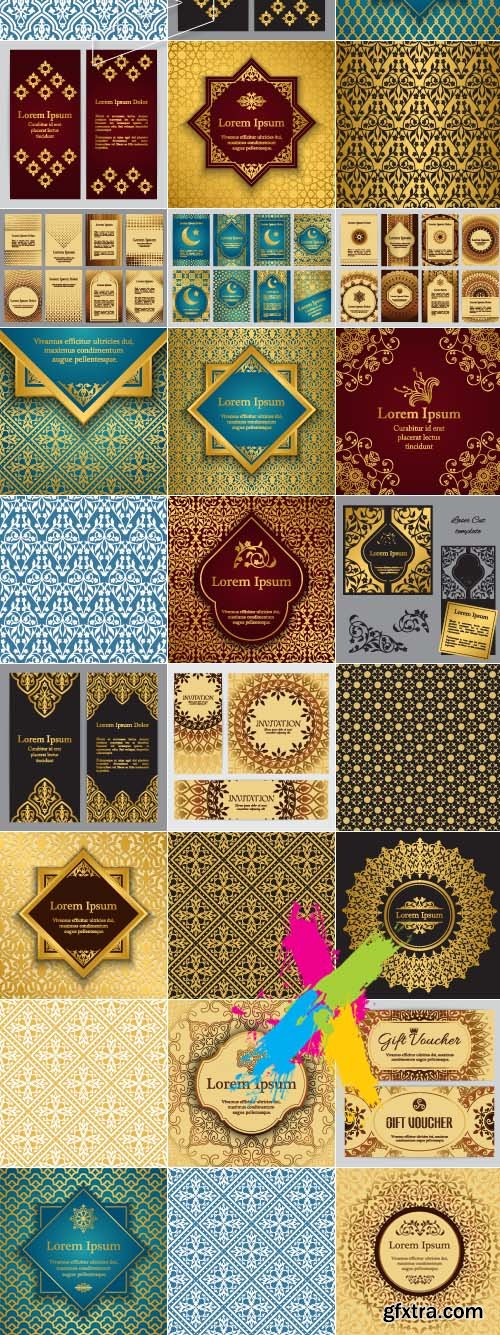 Islamic ethnic seamless pattern ornament invitation card gold background vector