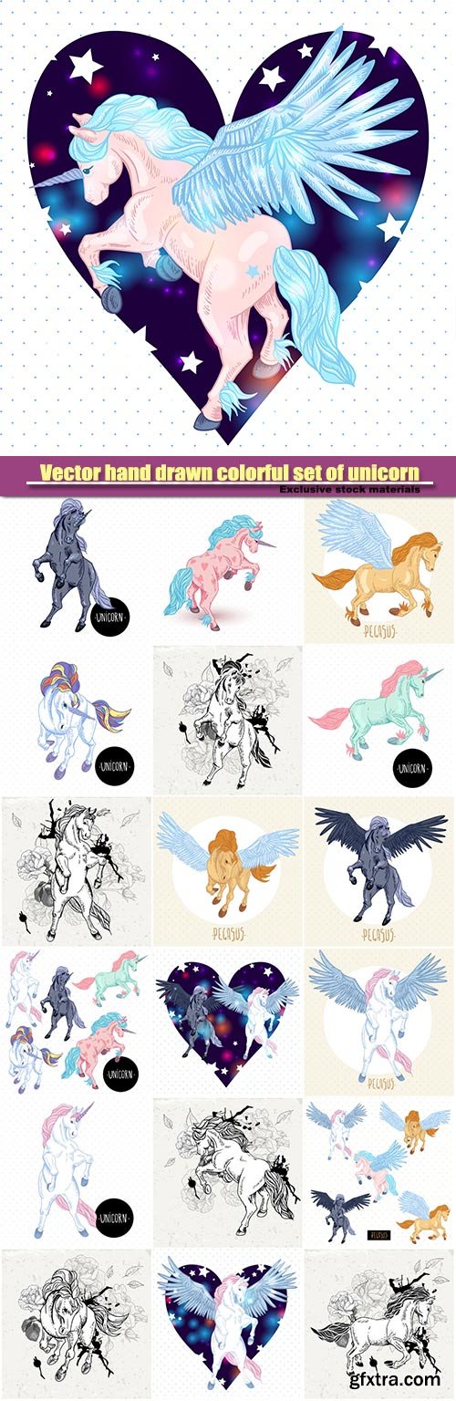 Vector hand drawn colorful set of unicorn