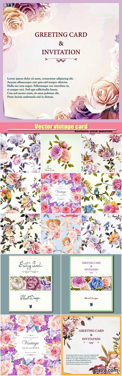 Vector vintage card with pastel lilac and roses