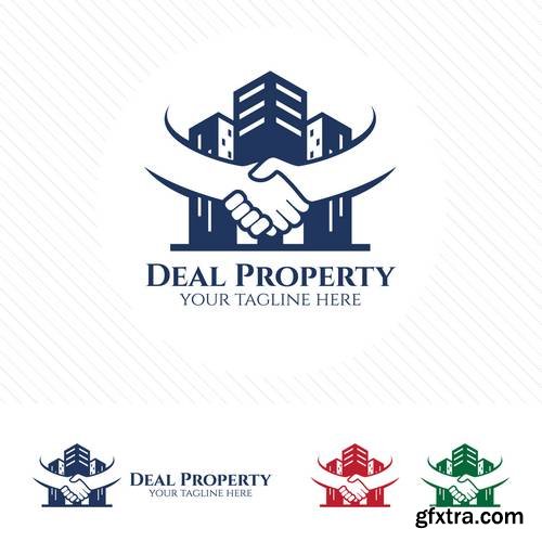 Property Deal Logo Design Vector - Real Estate or Apartment Trading Concept with Hand Shake Symbol