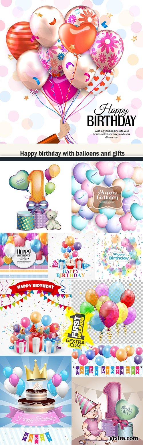 Happy birthday with balloons and gifts