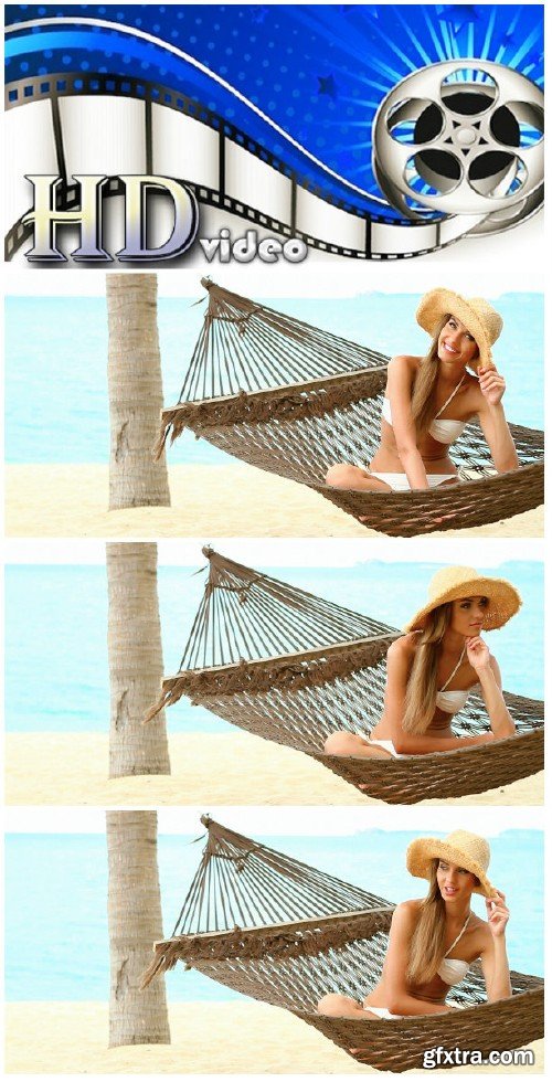 Video footage Happy woman it sitting on hammock at the exotic beach