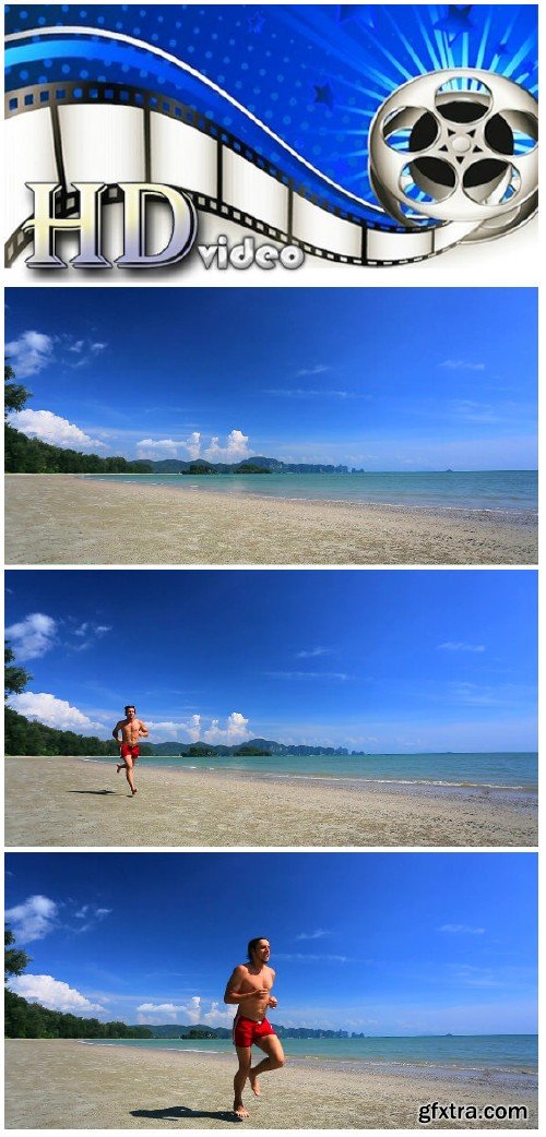 Video footage Athletic handsome man running on a wild beautiful beach