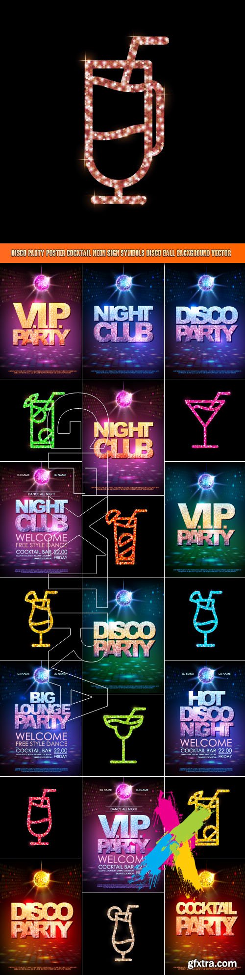 Disco party poster cocktail Neon Sign Symbols Disco ball background vector