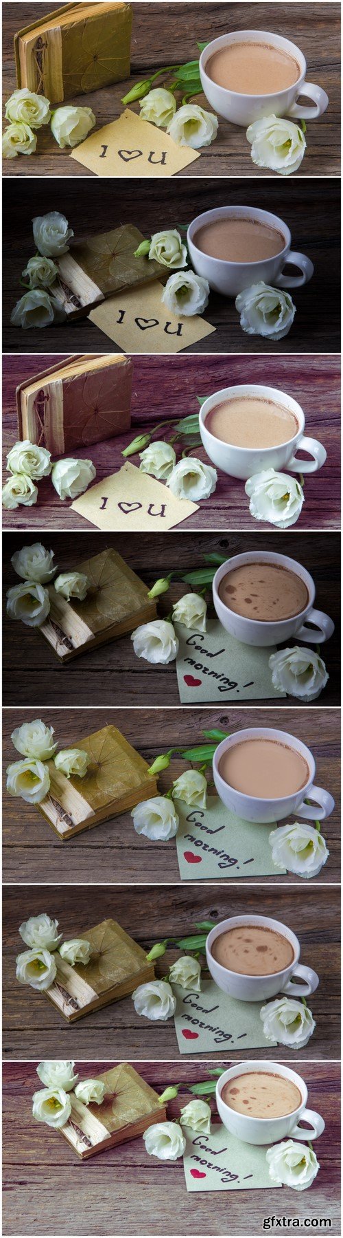 Coffee cup flower lisianthus and notes good morning on wooden background 7X JPEG