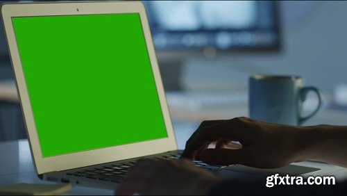 Programmer is working in office on laptop with green screen for mock up