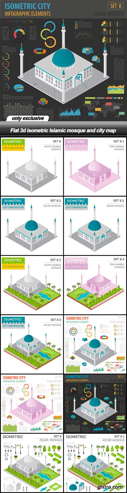 Flat 3d isometric Islamic mosque and city map - 12 EPS