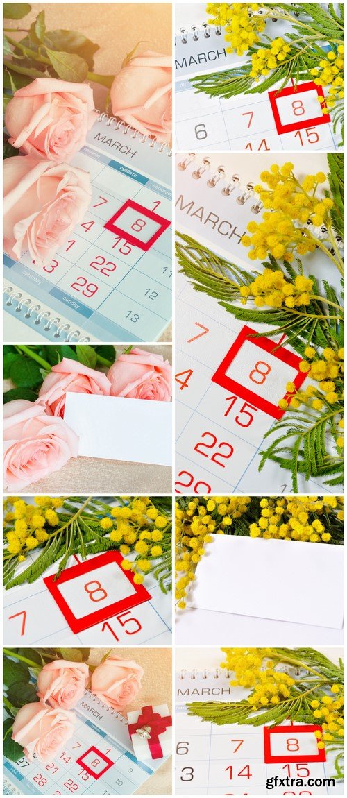 8 March card - mimosa flowers over the calendar 8X JPEG