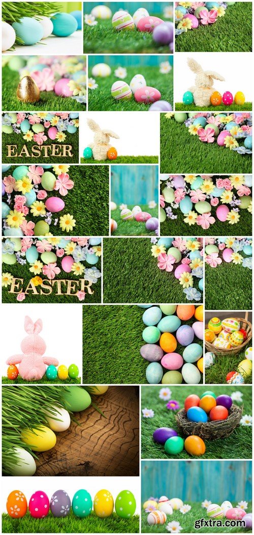 Colorful Easter eggs on grass with flowers background 22X JPEG