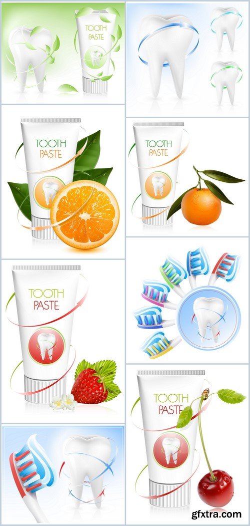 Dental concept White tooth, toothbrush and toothpaste 8X EPS