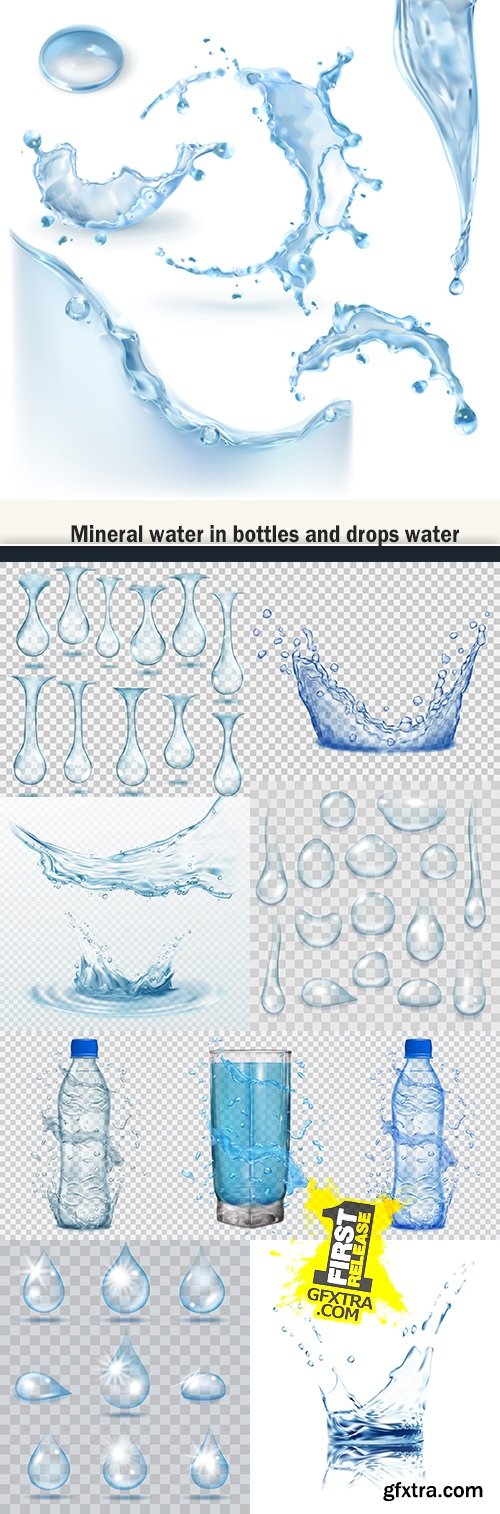 Mineral water in bottles and drops water