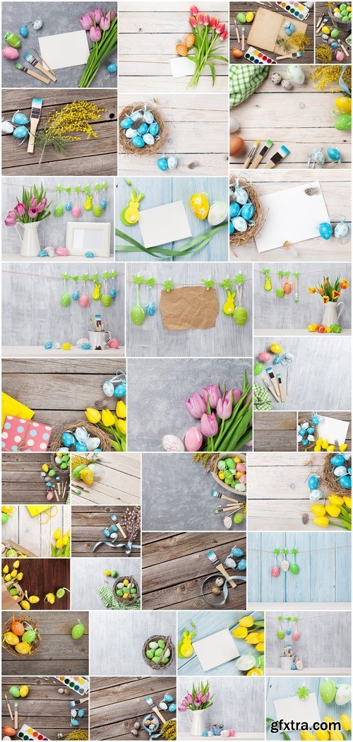 Colorful easter eggs, tulips and card 36X JPEG