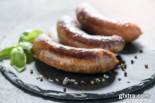 Collection of fried sausage quick breakfast grilled barbecue German sausages 25 HQ Jpeg