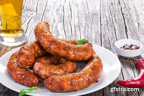 Collection of fried sausage quick breakfast grilled barbecue German sausages 25 HQ Jpeg