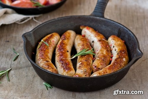 Collection of fried sausage quick breakfast grilled barbecue German sausages 25 HQ Jpeg