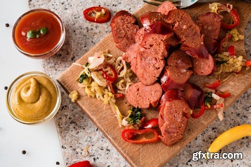 Collection of fried sausage quick breakfast grilled barbecue German sausages 25 HQ Jpeg