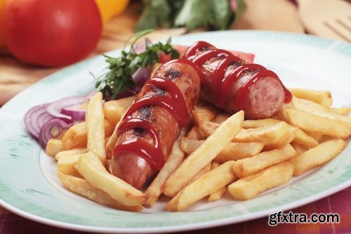 Collection of fried sausage quick breakfast grilled barbecue German sausages 25 HQ Jpeg