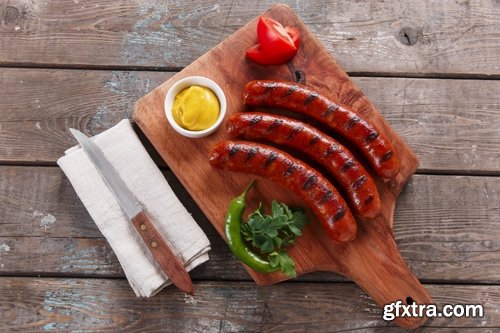 Collection of fried sausage quick breakfast grilled barbecue German sausages 25 HQ Jpeg