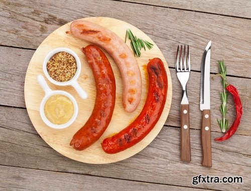 Collection of fried sausage quick breakfast grilled barbecue German sausages 25 HQ Jpeg