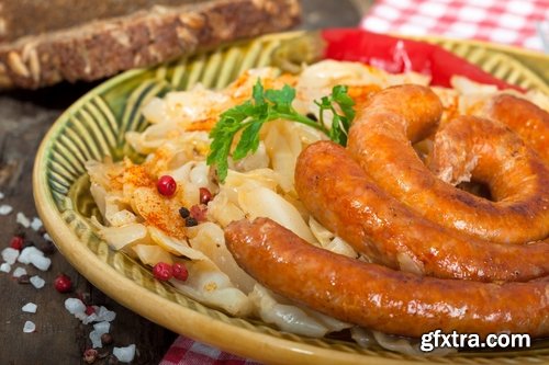 Collection of fried sausage quick breakfast grilled barbecue German sausages 25 HQ Jpeg