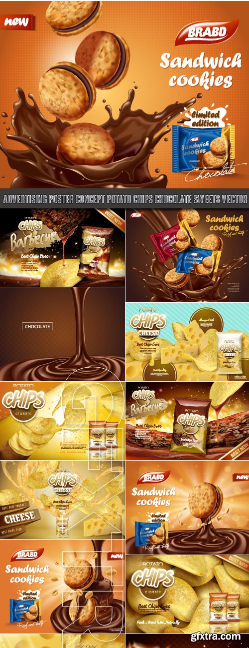 Advertising Poster Concept Potato Chips Chocolate Sweets vector