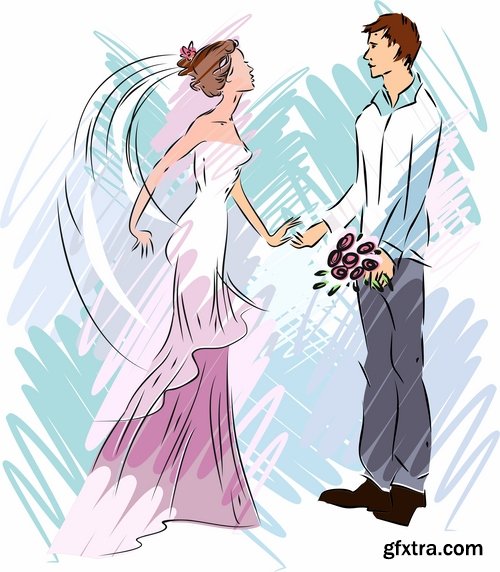 Collection of the bride and groom wedding cartoon couple card invitation flyer banner 24 EPS