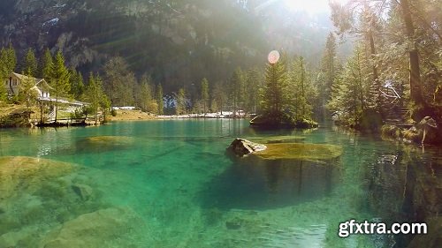 Lake resort pond turquoise water nature background aerial view fly over