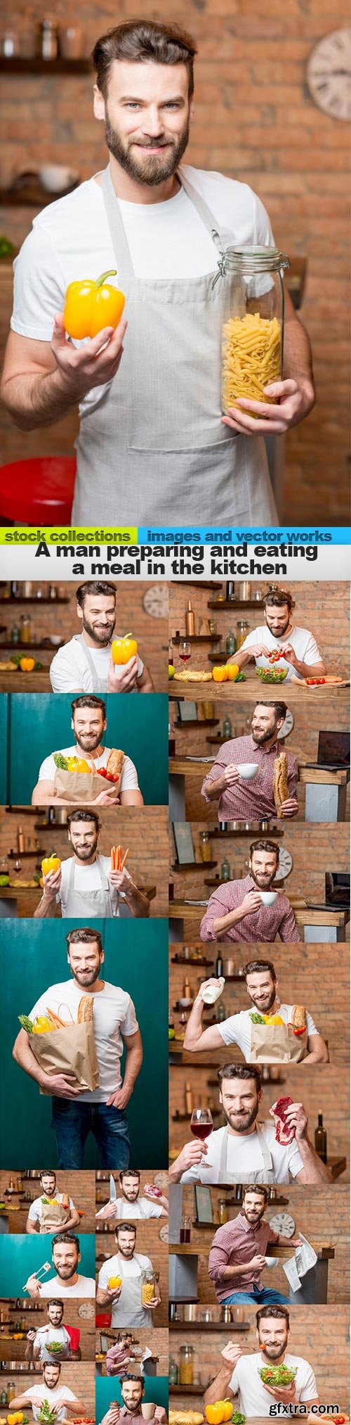 A man preparing and eating a meal in the kitchen, 19 x UHQ JPEG