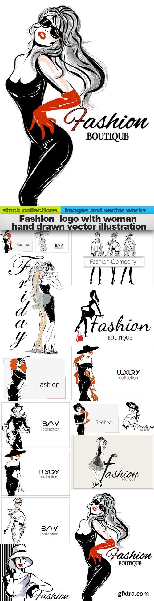 Fashion logo with woman hand drawn vector illustration, 15 x EPS