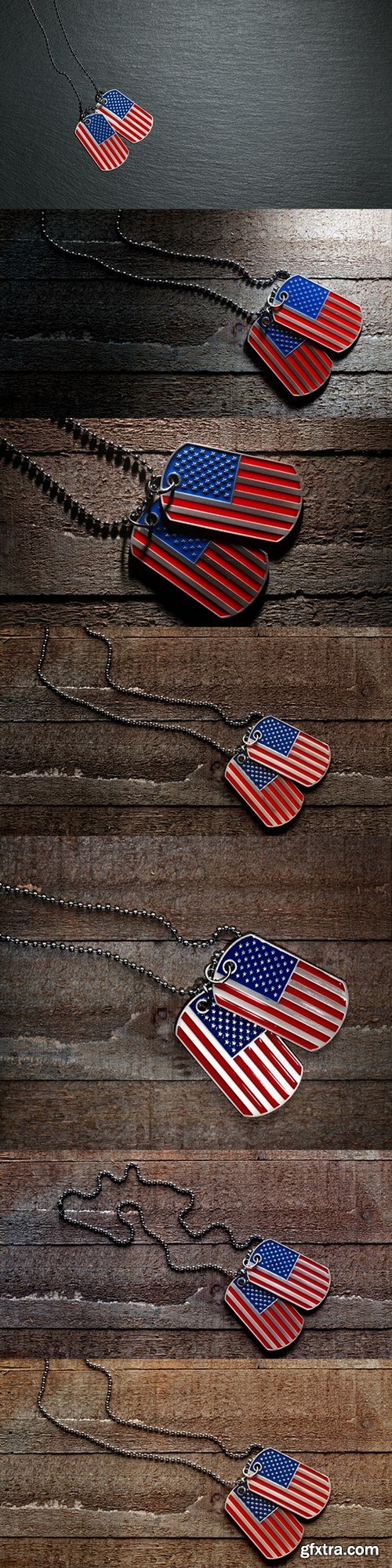 USA dog tags on wooden background