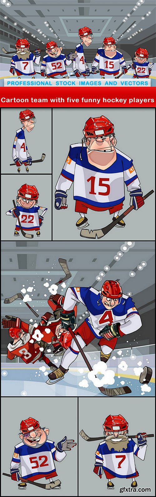 Cartoon team with five funny hockey players - 7 EPS