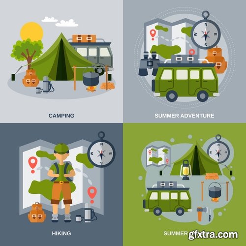 Travel Collection of infographics country camping equipment flyer banner vector image 25 EPS