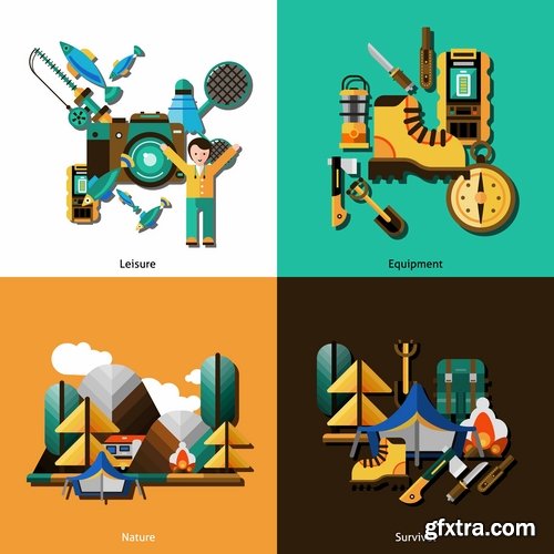 Travel Collection of infographics country camping equipment flyer banner vector image 25 EPS