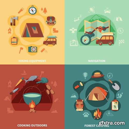 Travel Collection of infographics country camping equipment flyer banner vector image 25 EPS