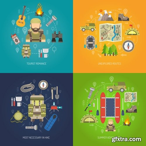 Travel Collection of infographics country camping equipment flyer banner vector image 25 EPS