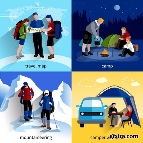 Travel Collection of infographics country camping equipment flyer banner vector image 25 EPS