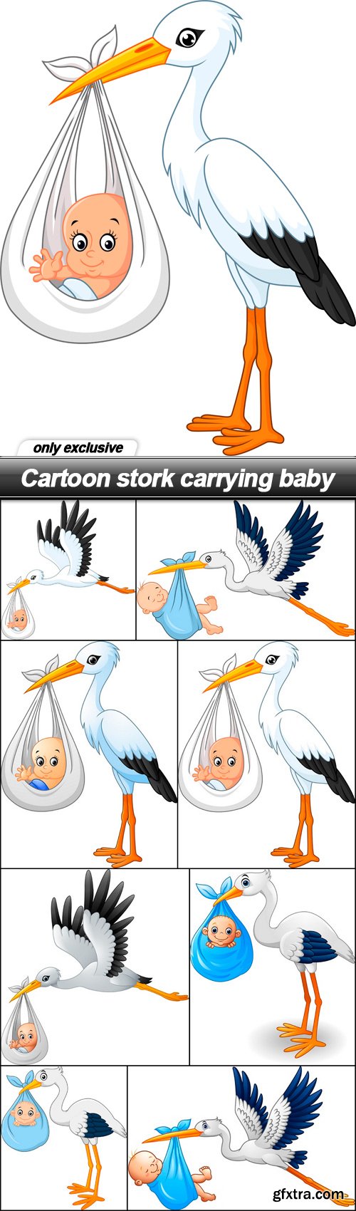 Cartoon stork carrying baby - 8 EPS