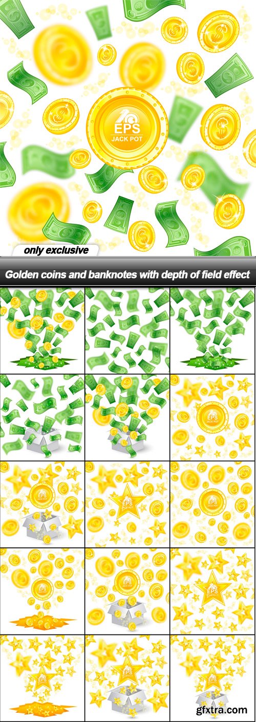 Golden coins and banknotes with depth of field effect - 16 EPS