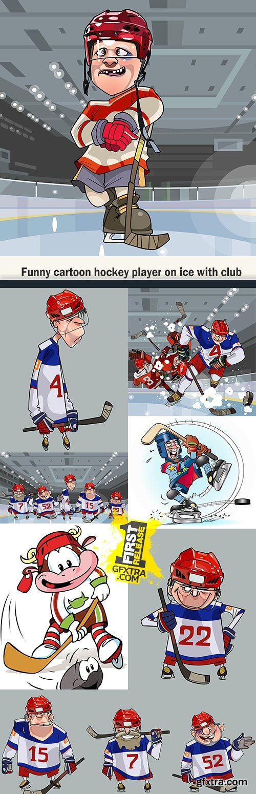 Funny cartoon hockey player on ice with club