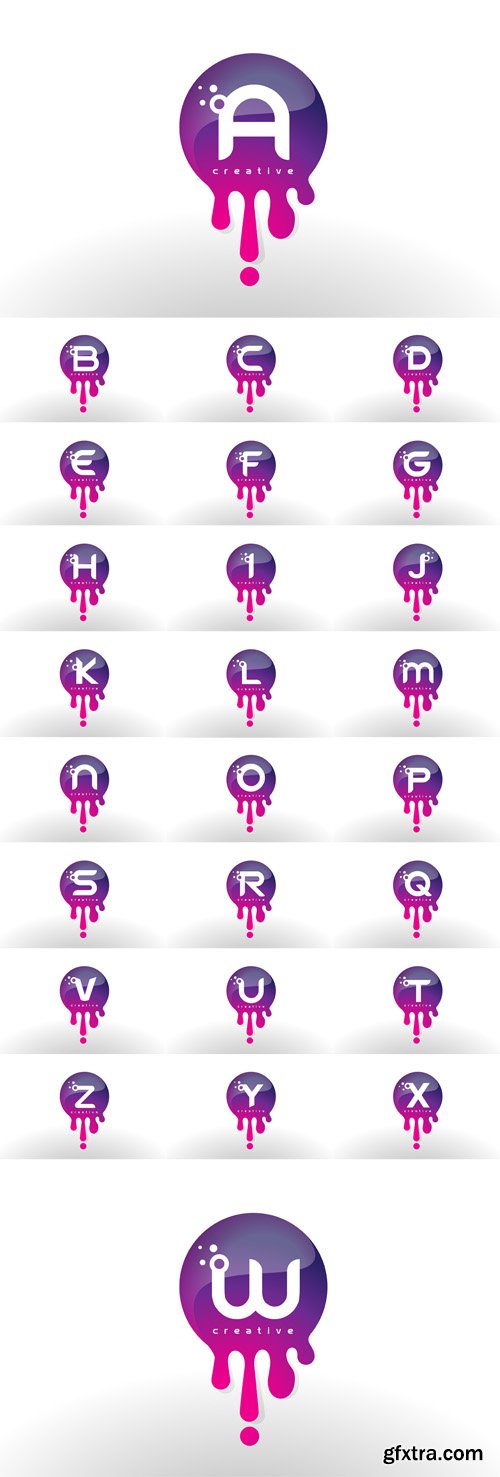 Vector Set - Letter Splash Logo. Purple Dots and Bubbles Letter Design