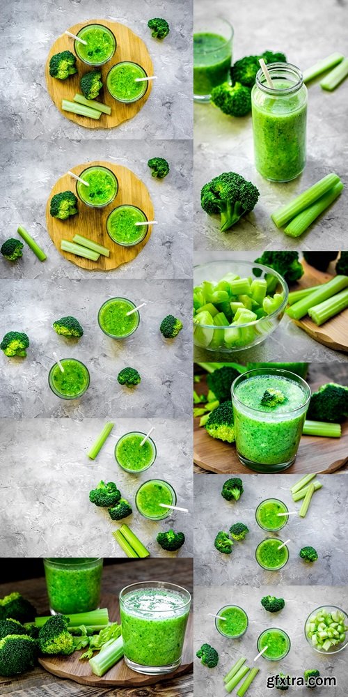 Green vegetable smoothie in glass at gray background top view