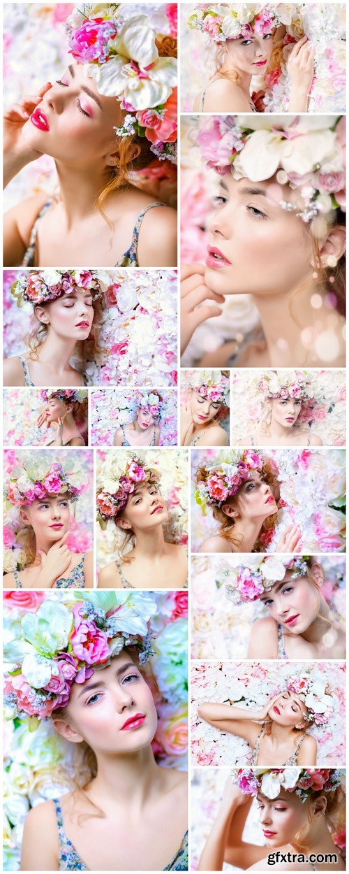 Beautiful young woman in a wreath of flowers roses15X JPEG