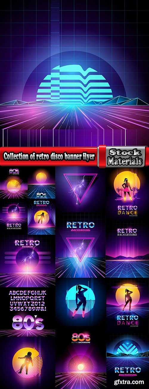 Collection of retro disco banner flyer invitation 80 years 16 EPS