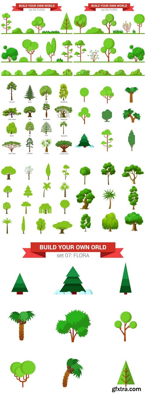 Flat style flora plant tree bush grass nature objects icon set 7X EPS